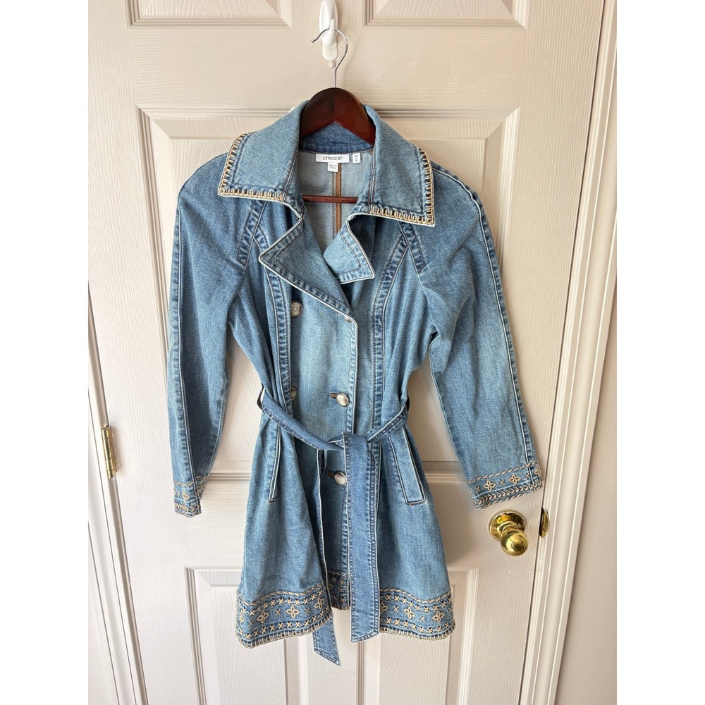Chicos Tailored Whipstitch Denim Trench Coat Embroidered Blue 0P SP 570382244